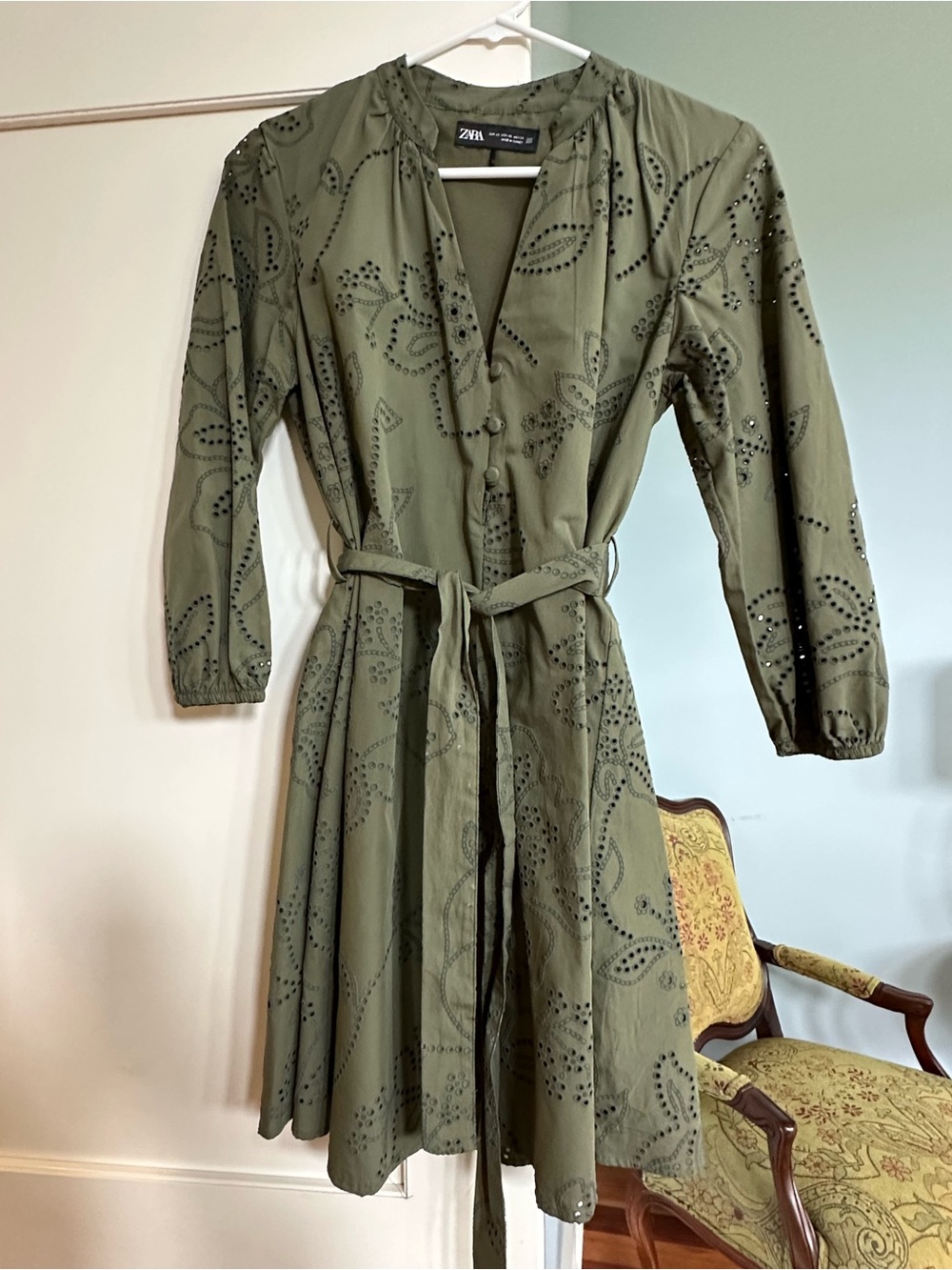 Zara Olive Green Eyelet Tie-Waist Shirtdress